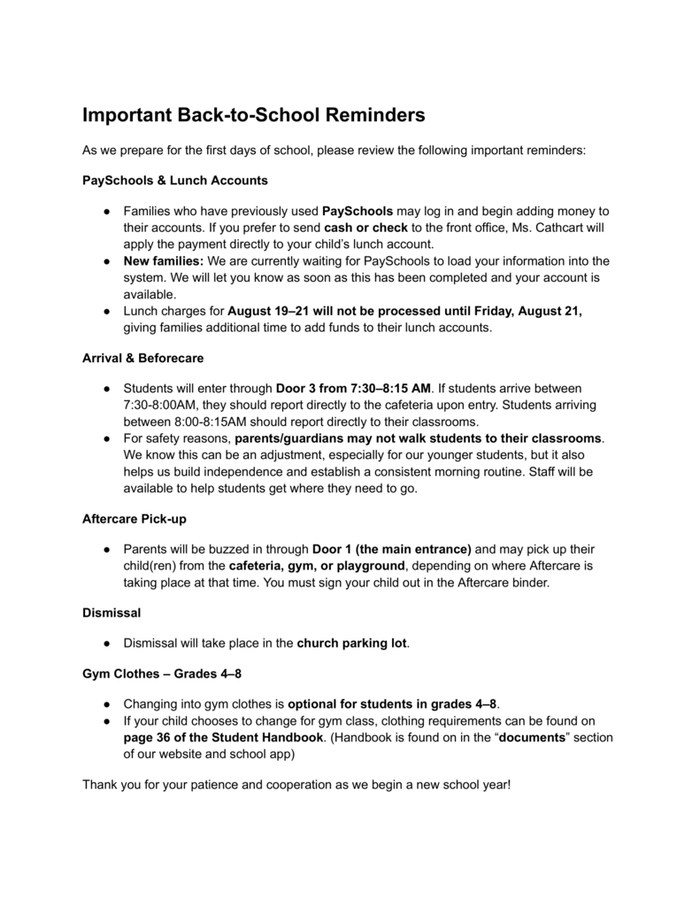 Back to School Reminders