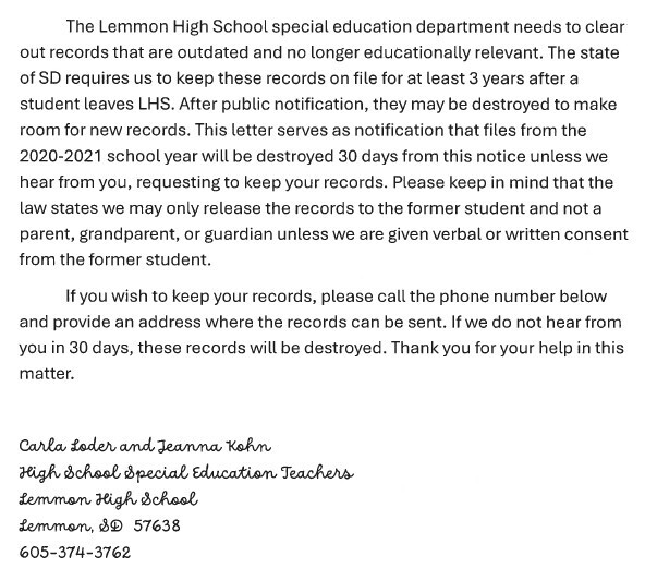SpEd Record Destruction