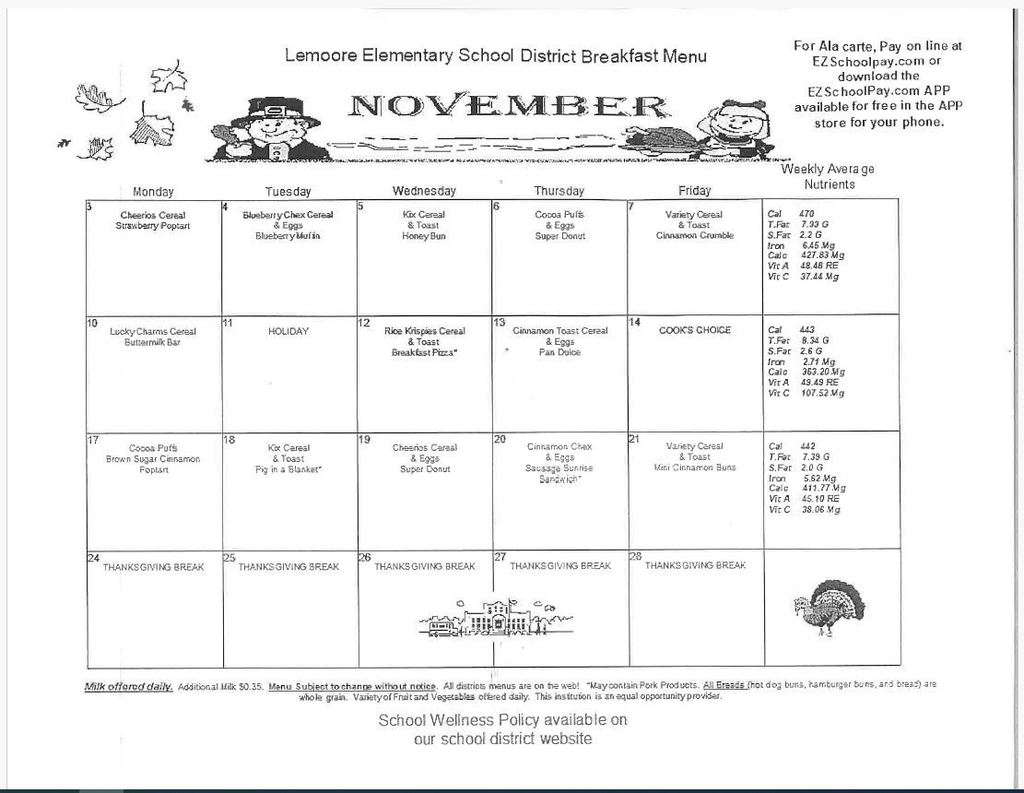 November Breakfast and Lunch Menus