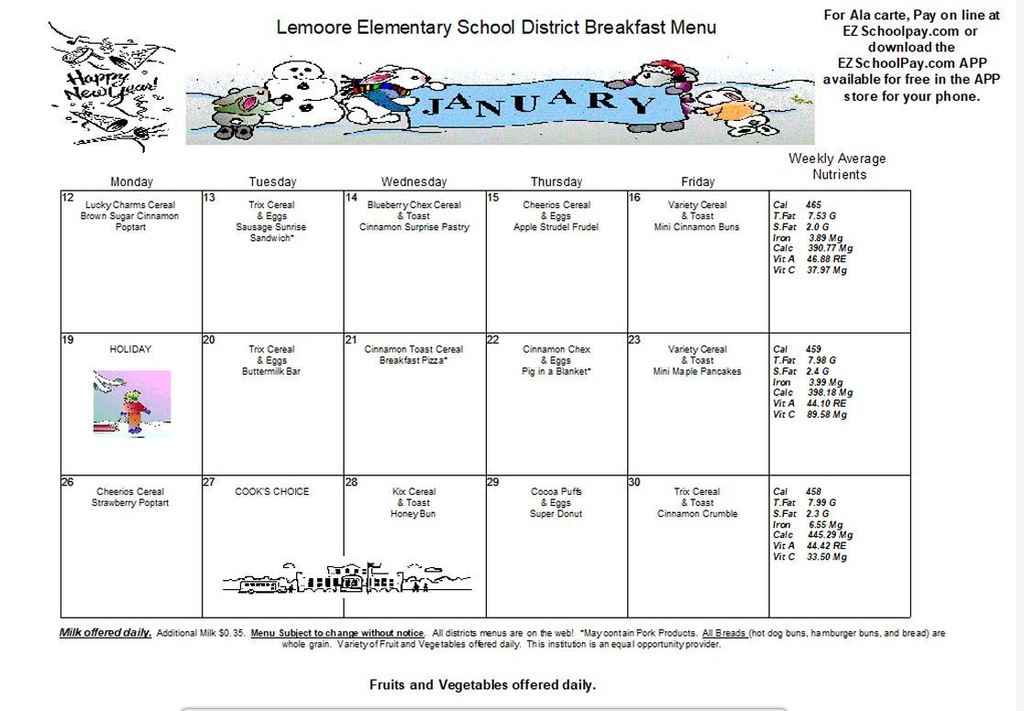 January Breakfast and Lunch Menu