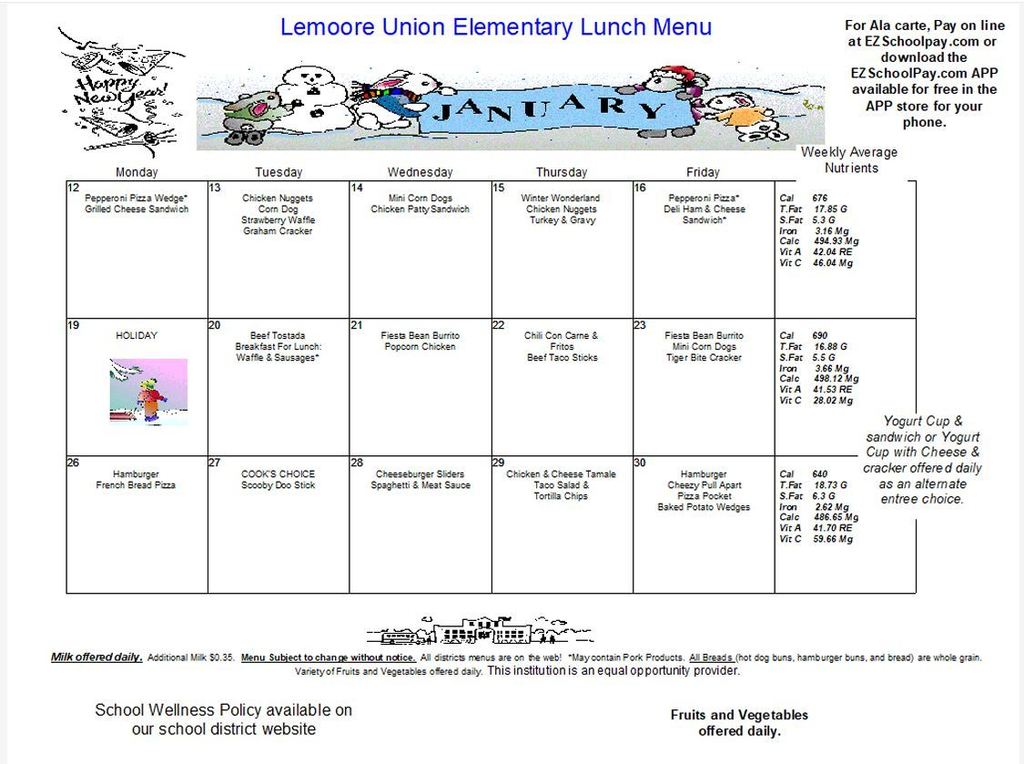 January Breakfast and Lunch Menu