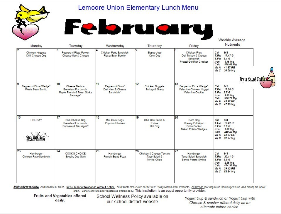 February Breakfast and Lunch Menu 