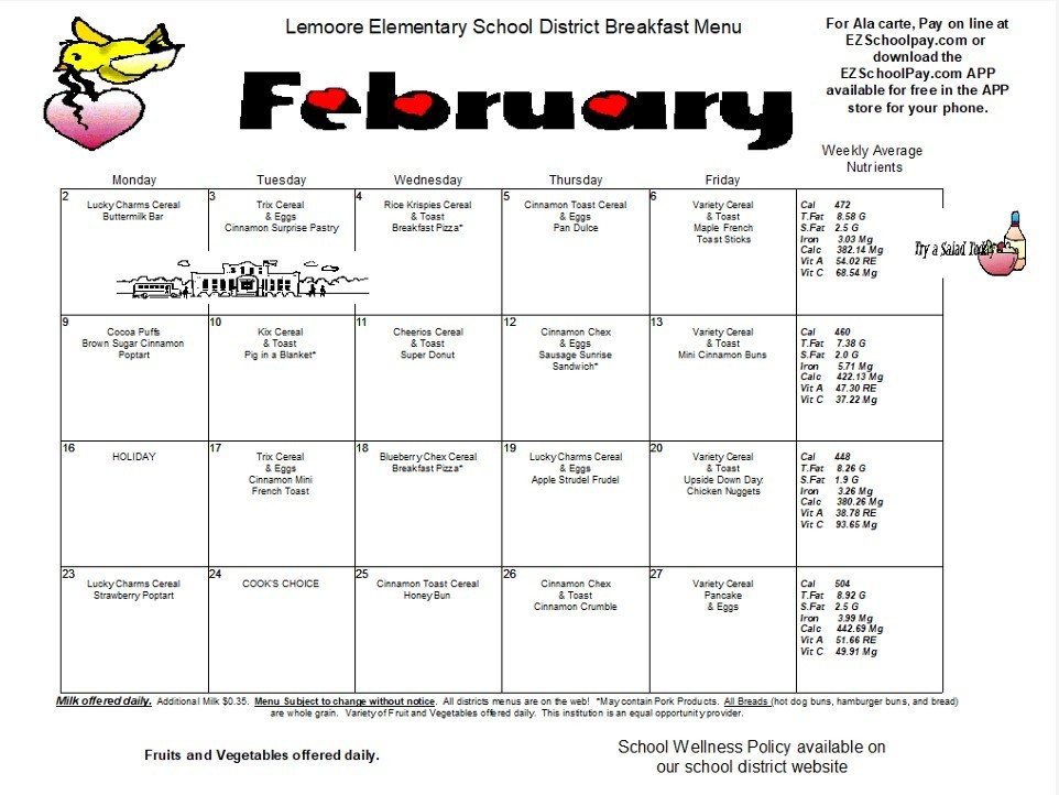 February Breakfast and Lunch Menu 