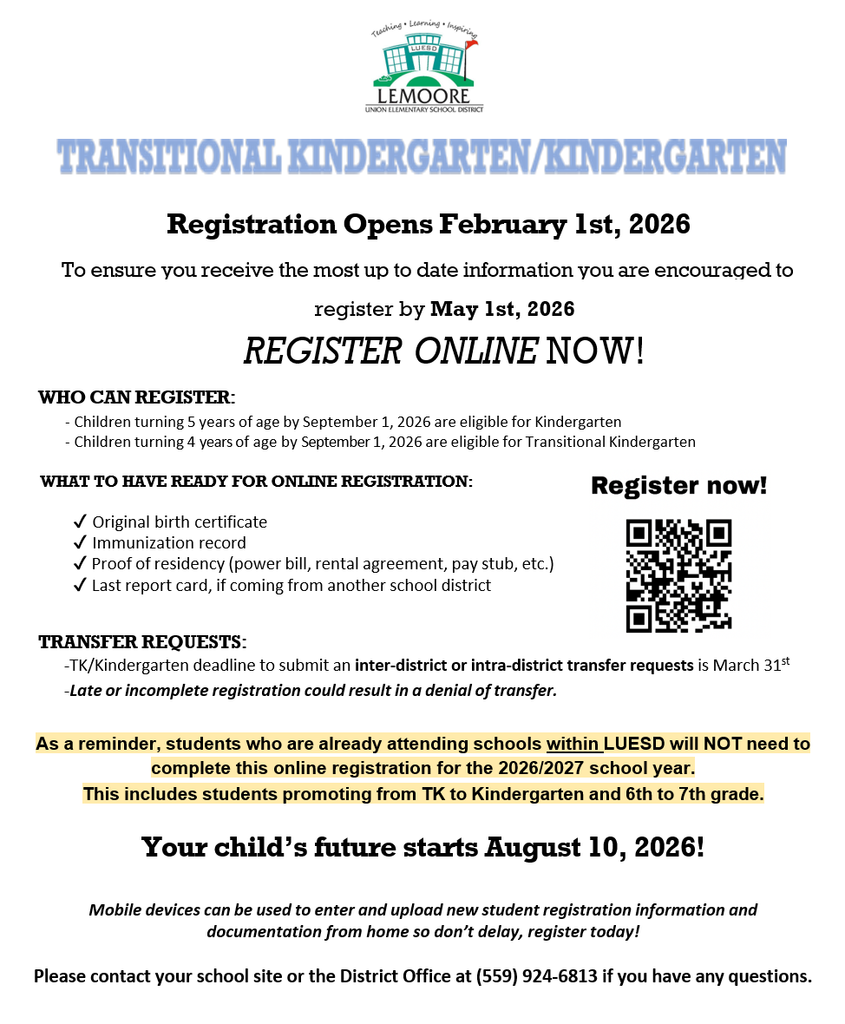 Transitional Kindergarten (TK)/ Kindergarten Registration Opens February 1st!