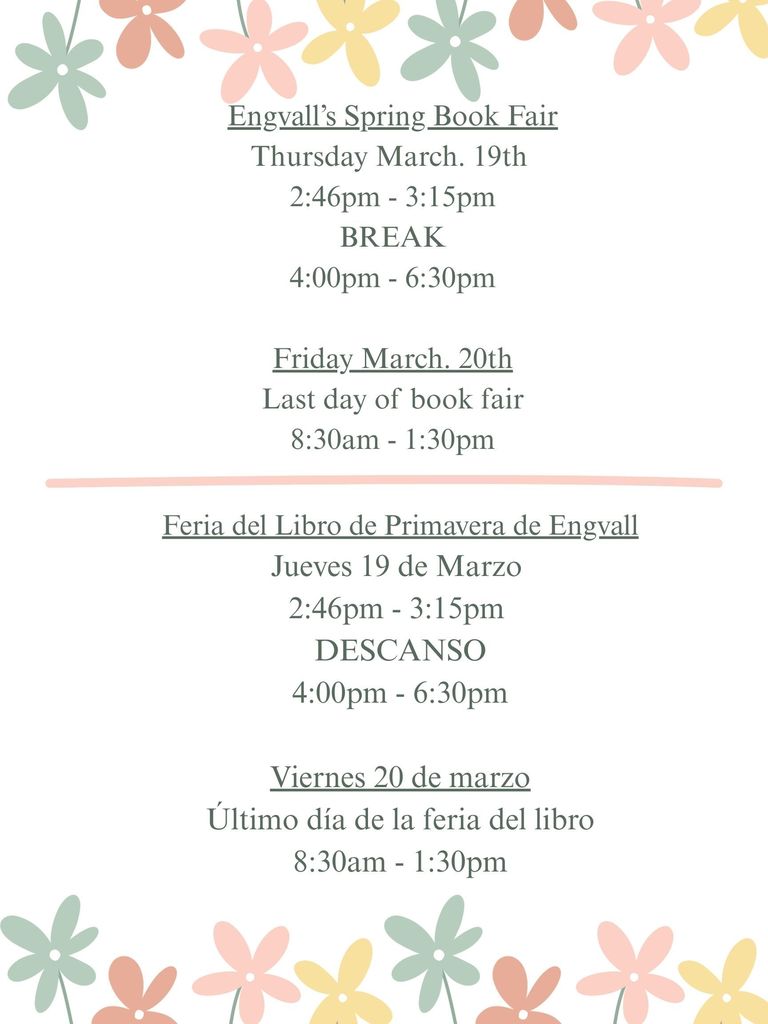 Book Fair Schedule for Today, March 19th and Tomorrow March 20th.