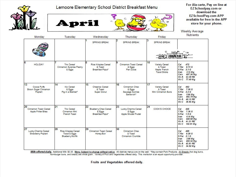 April Breakfast/Lunch Menu 