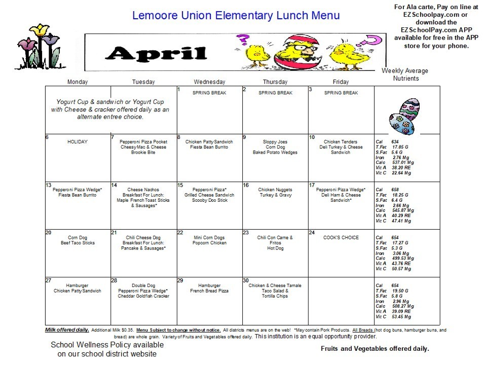 April Breakfast/Lunch Menu 