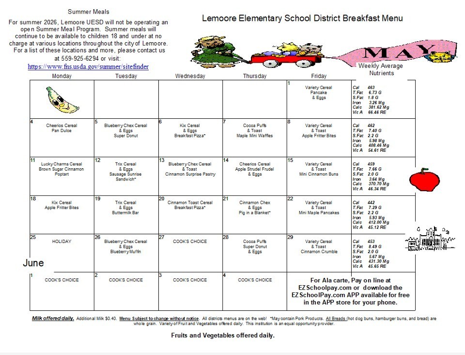 May Breakfast and Lunch Menu 