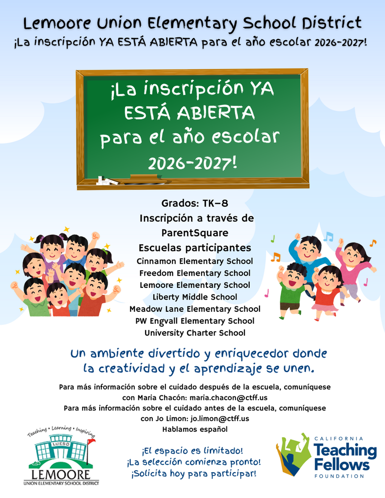  Se acerca la fecha límite de inscripción para el Programa antes y después de la escuela (26-27) Mayo 15th! Utilice este enlace para inscribirse:https://www.parentsquare.com/feeds/77190456?district_id=1284