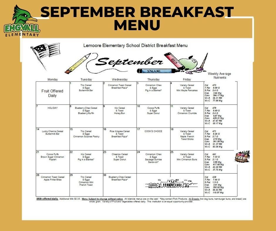 September Breakfast/Lunch Menu
