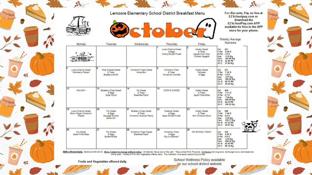 October Breakfast and Lunch Menu!