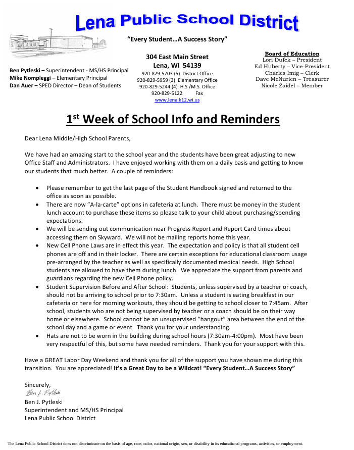 1st Week of School Info and Reminders