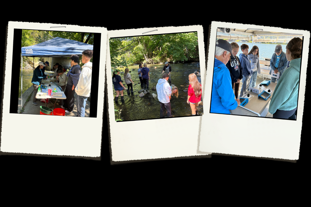 Three-photo collage showing Environmental and Earth Science students participating in a hands-on water quality study with the Lake Hopatcong Foundation. Students work with instructors at an outdoor testing station, collect and examine samples in a river, and use water-testing equipment aboard a boat on Lake Hopatcong.