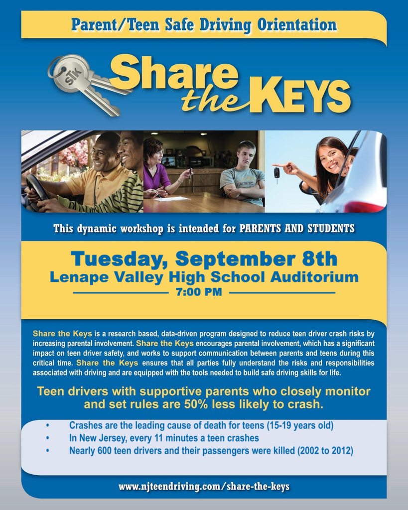 Share the Keys Parent/Teen Safe Driving Orientation flyer. Parent/teen safe driving workshop for parents and students on Tuesday, September 8 at 7:00 p.m. in the Lenape Valley High School Auditorium. The program encourages parents and teens to communicate about safe driving and highlights that active parental involvement can help reduce teen crashes.