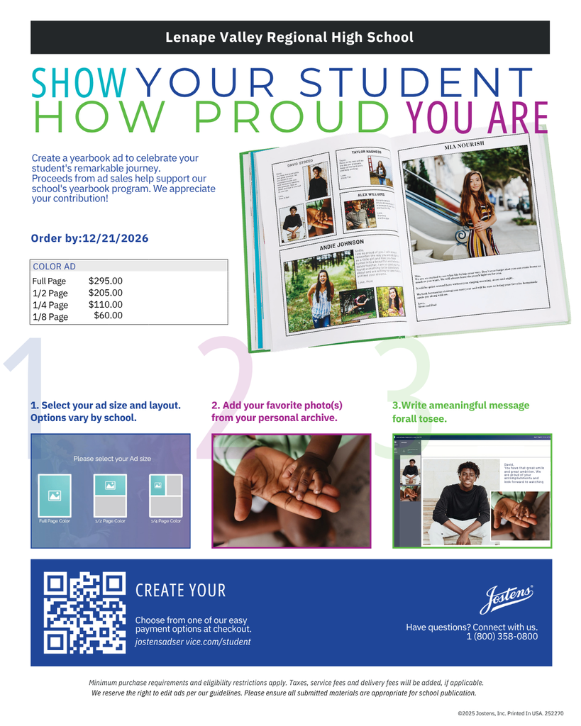 Lenape Valley Regional High School senior recognition ad flyer encouraging families to celebrate their senior with photos and a personal message. Color ads are available in full-page, half-page, quarter-page, and eighth-page sizes. Order deadline is December 21, 2026. The flyer lists prices of $295 full page, $205 half page, $110 quarter page, and $60 eighth page