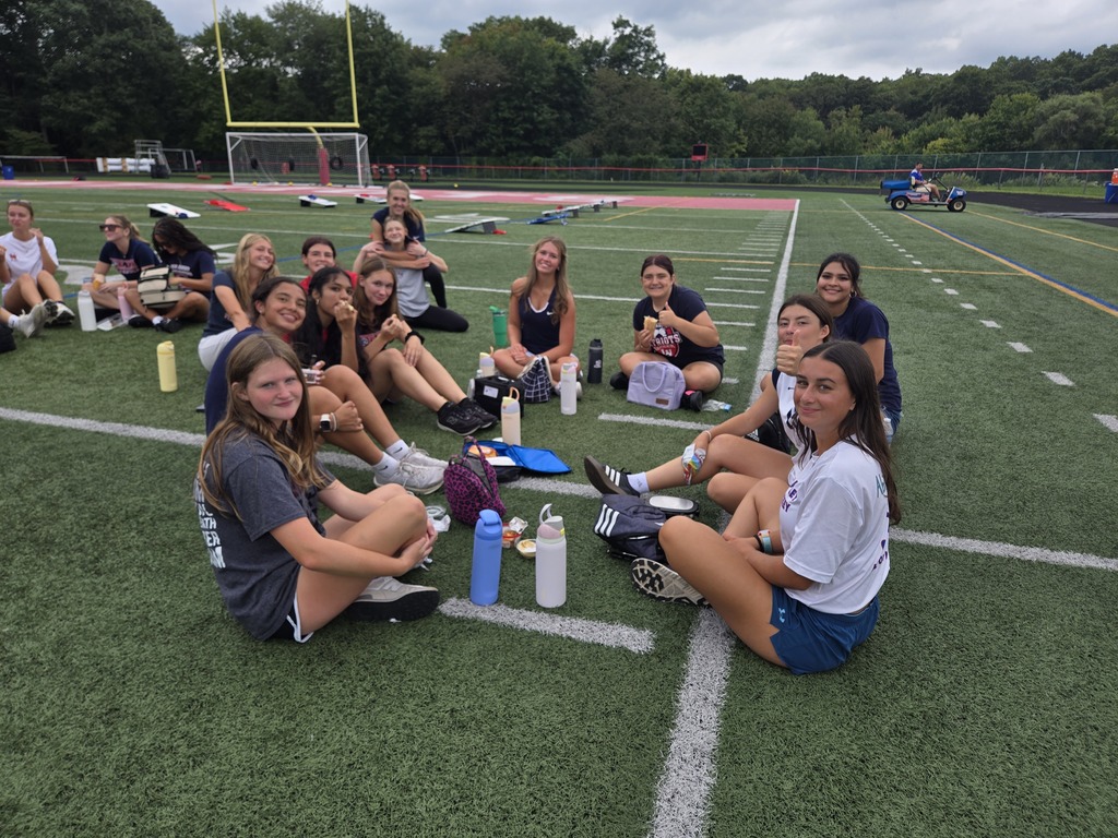 Lenape Valley Regional High School students gather on the football field during Future Patriot Day, enjoying lunch and spending time together during the day’s activities.