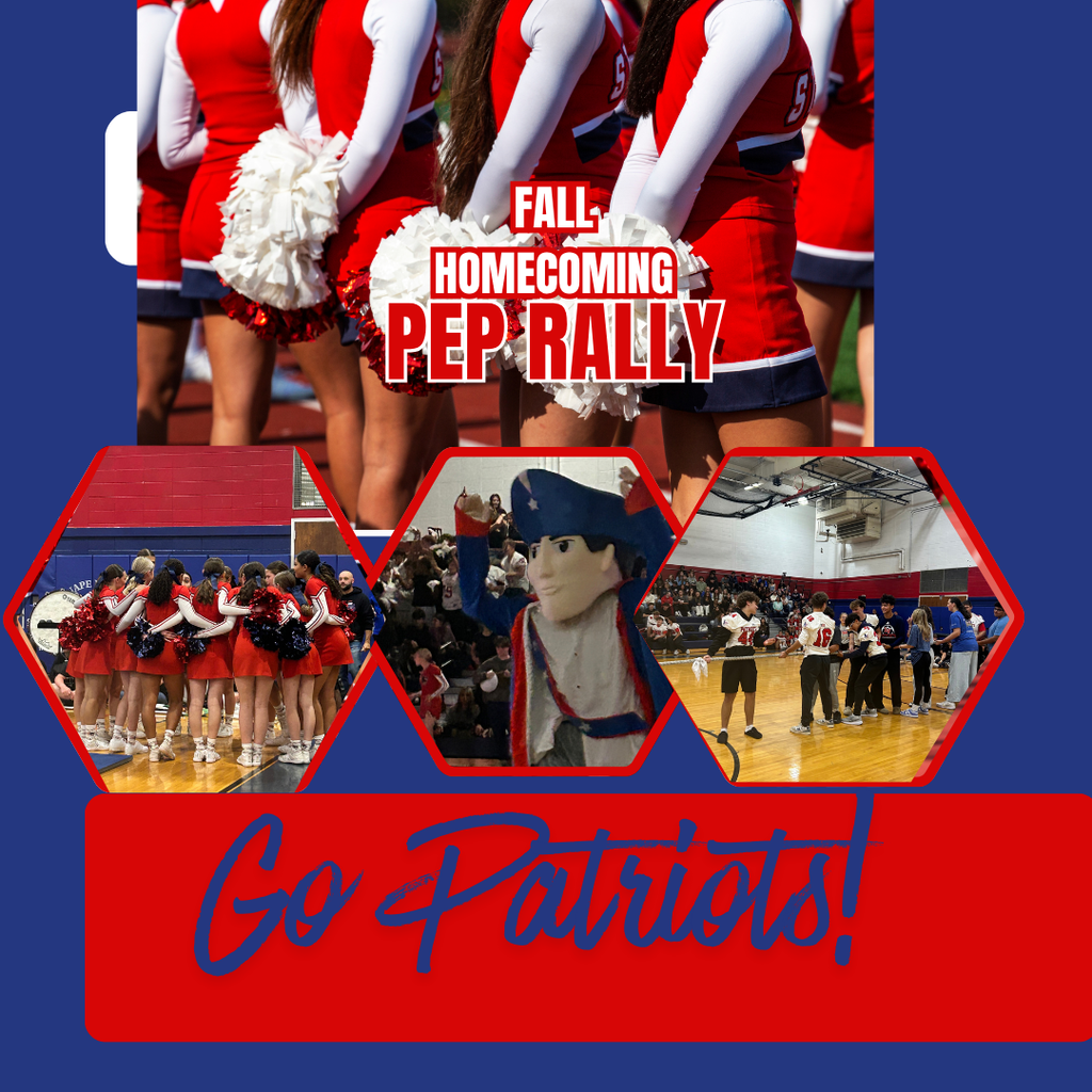 Fall Homecoming Pep Rally collage featuring Lenape Valley cheerleaders, the Patriot mascot, students participating in gym activities, and “Go Patriots!” in school colors.