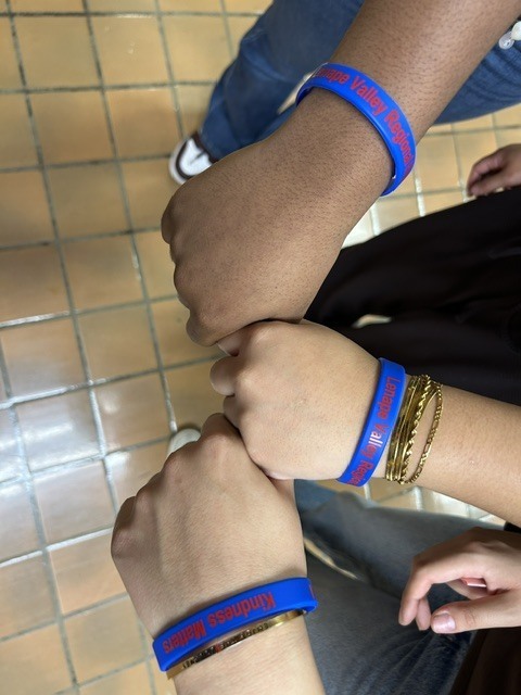 Three people bring their fists together to display blue Lenape Valley wristbands, including one reading “Kindness Matters,” during Week of Respect.