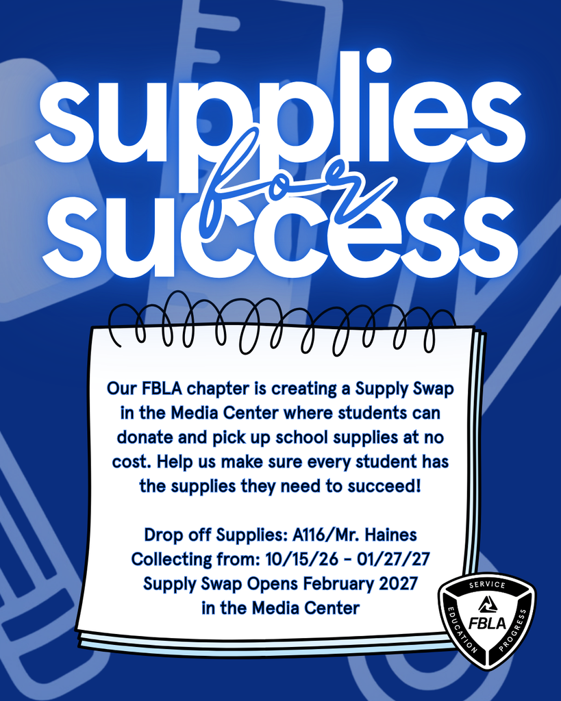 Blue “Supplies for Success” graphic encouraging donations of new school supplies for students in need. Donations may be dropped off at LVRHS during the collection period, October 15–January 27, 2026, with supplies distributed to local students in need.