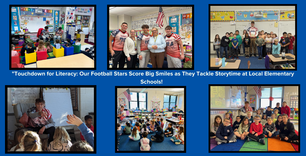 "Touchdown for Literacy: Our Football Stars Score Big Smiles as They Tackle Storytime at Local Elementary Schools! 📚🏈
