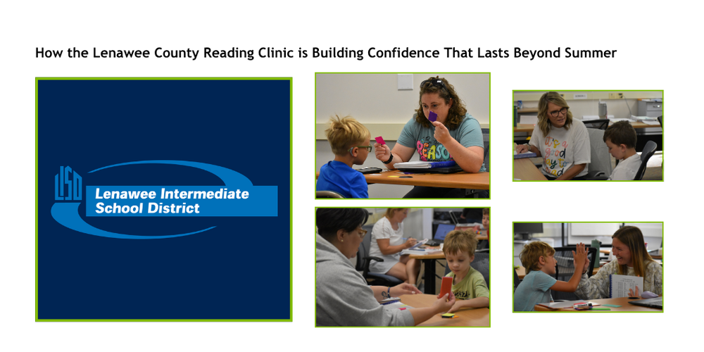 A graphic for the article featuring four photos of students and teachers working on reading skills