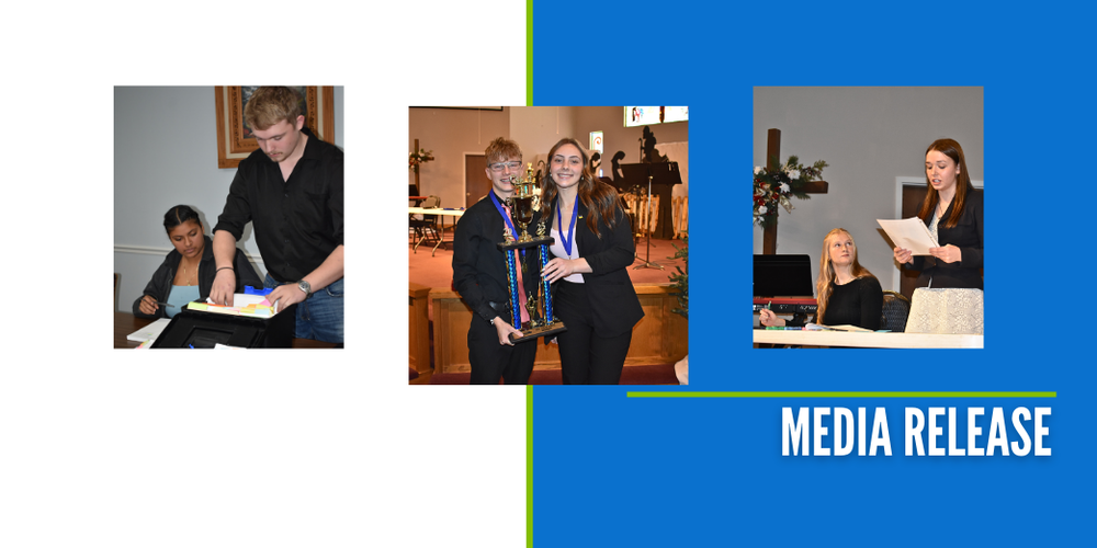 Three photos from the final debate tournament on a graphic for a news release