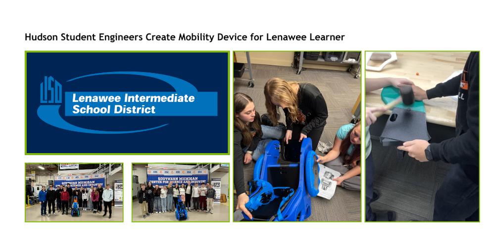 A feature story graphic with the title of the story and 4 photos of students creating the mobility device