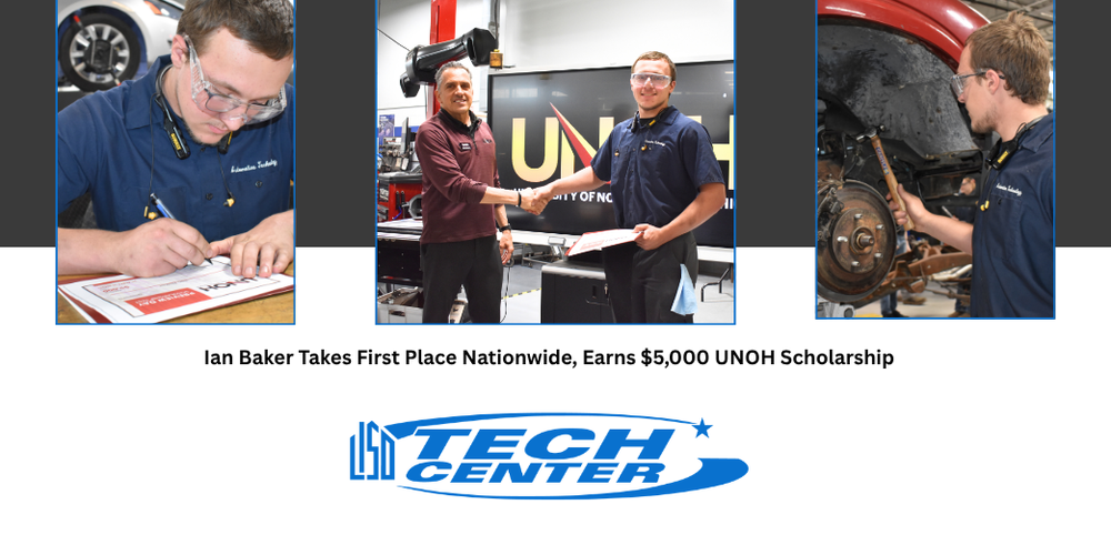 News graphic featuring photos of Ian Baker, TECH Center student who won $5,000 scholarship award