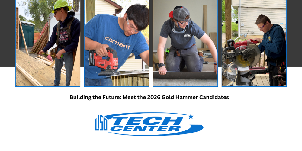 News graphic with the photos of the four Gold Hammer Candidates and the TECH Center Logo