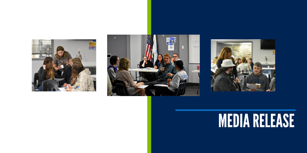 Poverty Simulation Media Release with three photos of students participating in the event