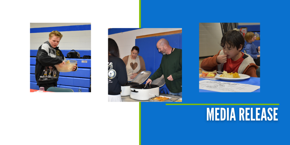 Graphic for a news article featuring three photos that include students and staff with their Thanksgiving meals