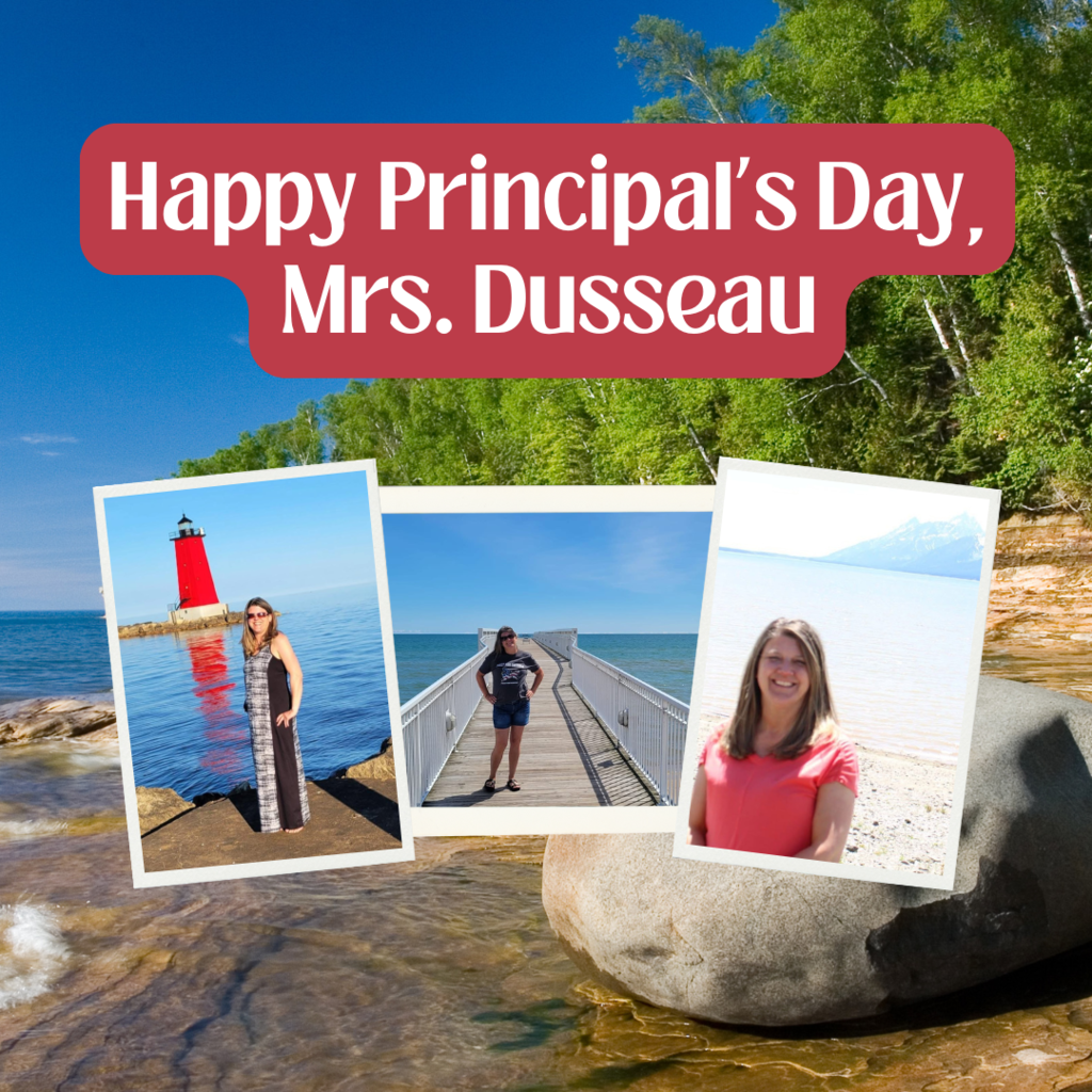 Graphic with 3 photos of Kim Dusseau and a photo of Michigan's Pictured Rocks