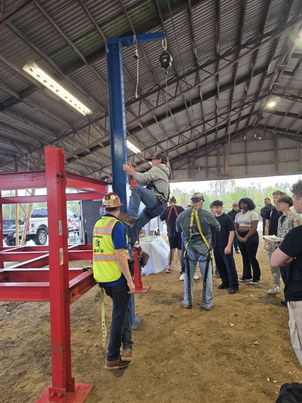 A student climbing a pole while others look on
