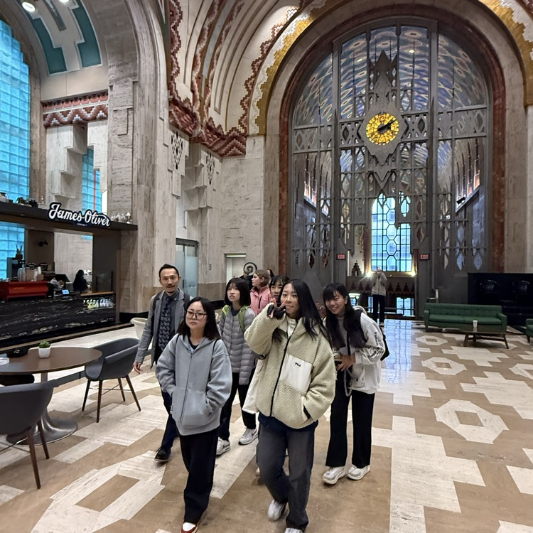 students walking through the museum 