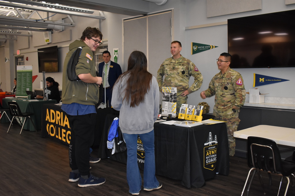 Students chat with the Army National Guard