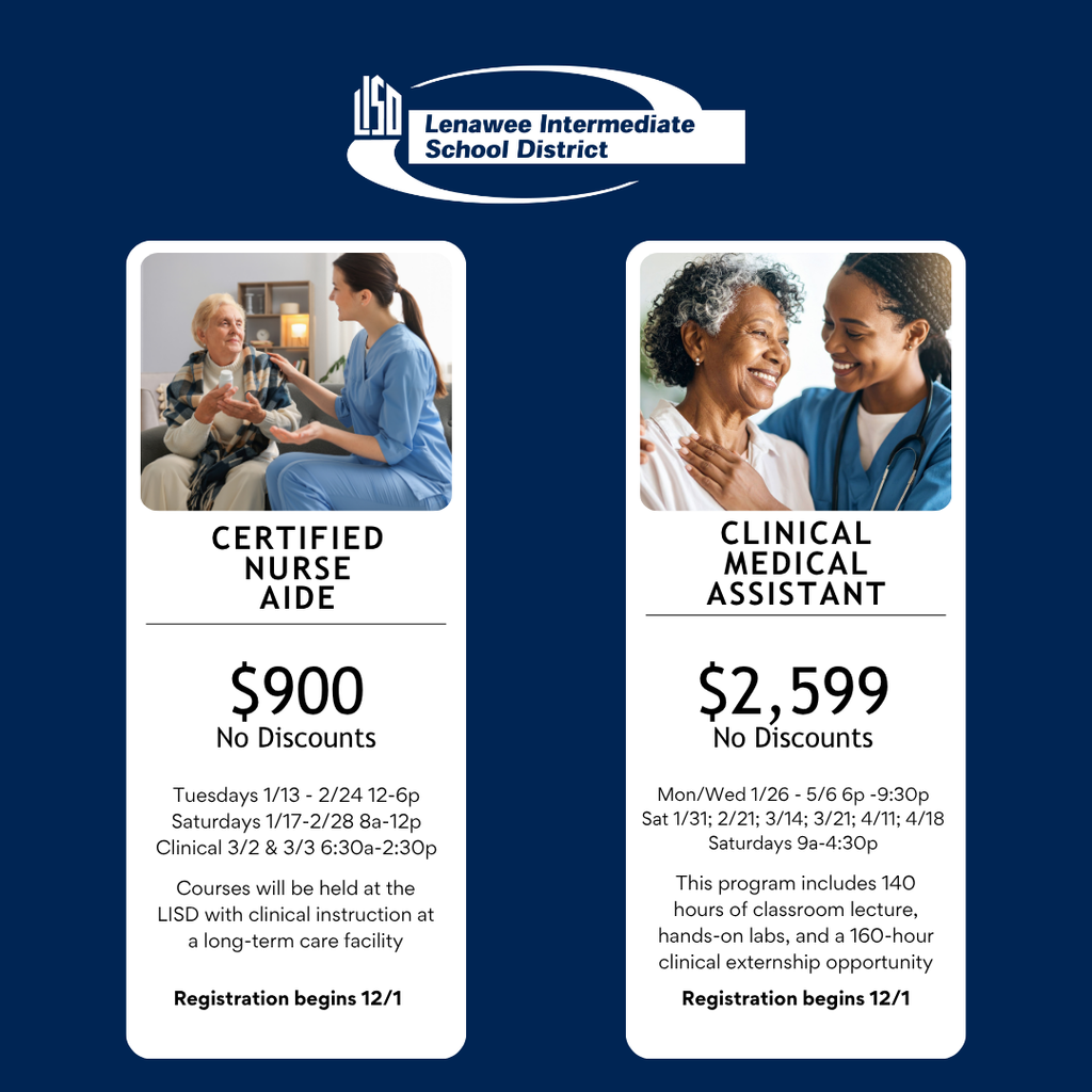 A graphic with information about both our CNA and CMA programs that are starting soon