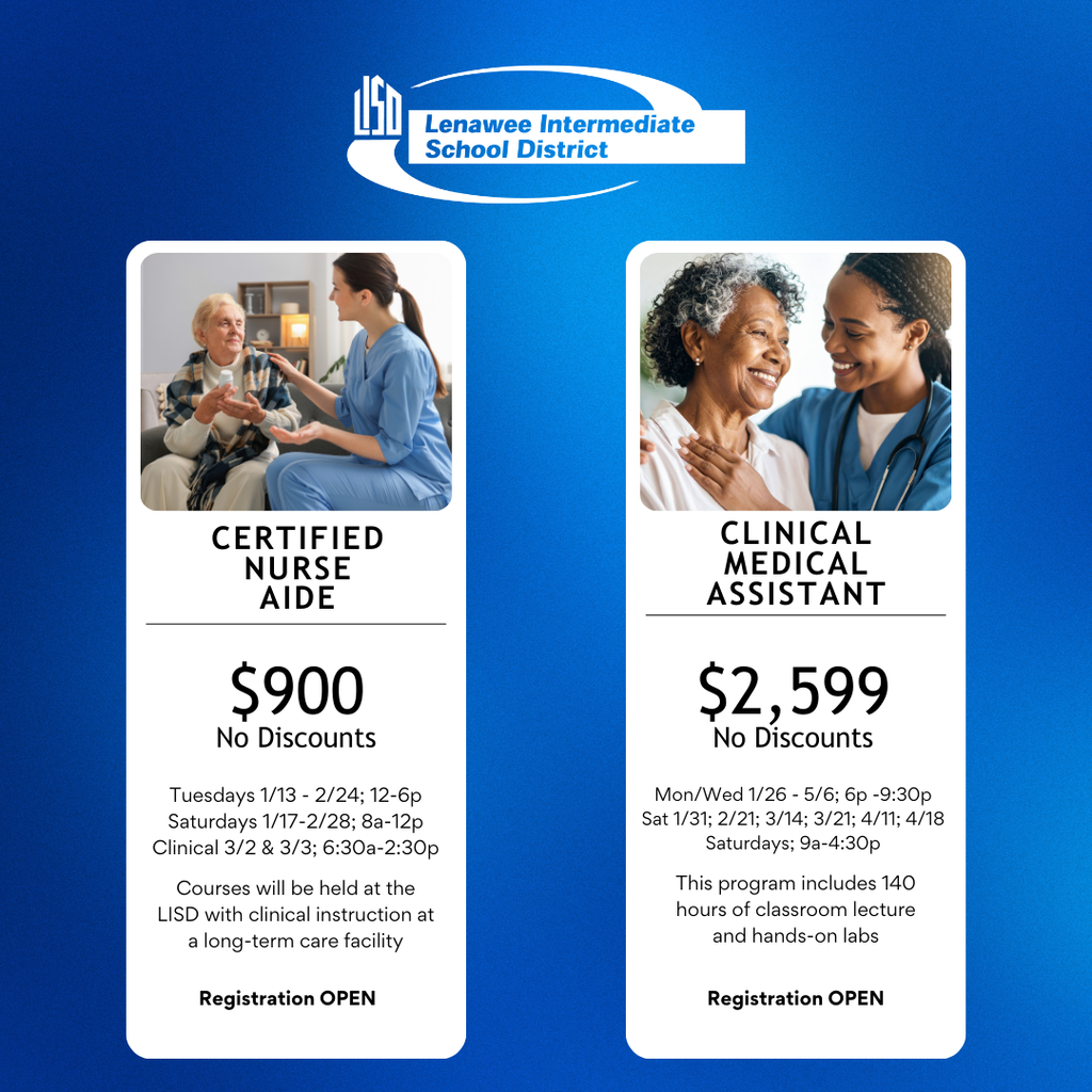 Graphic for CNA and CMA courses that are coming up