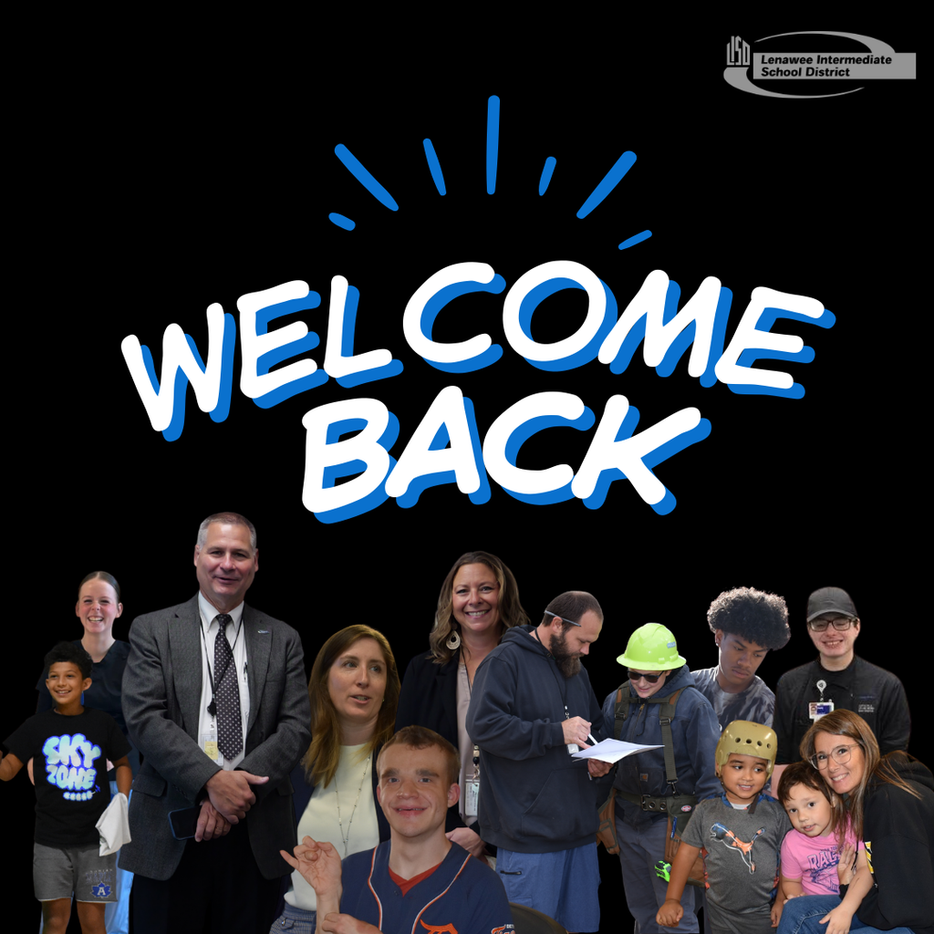 Welcome back graphic with photos of students and staff
