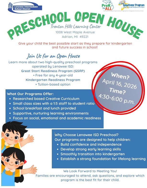 flyer with information about preschool open house and a picture of two clip art children