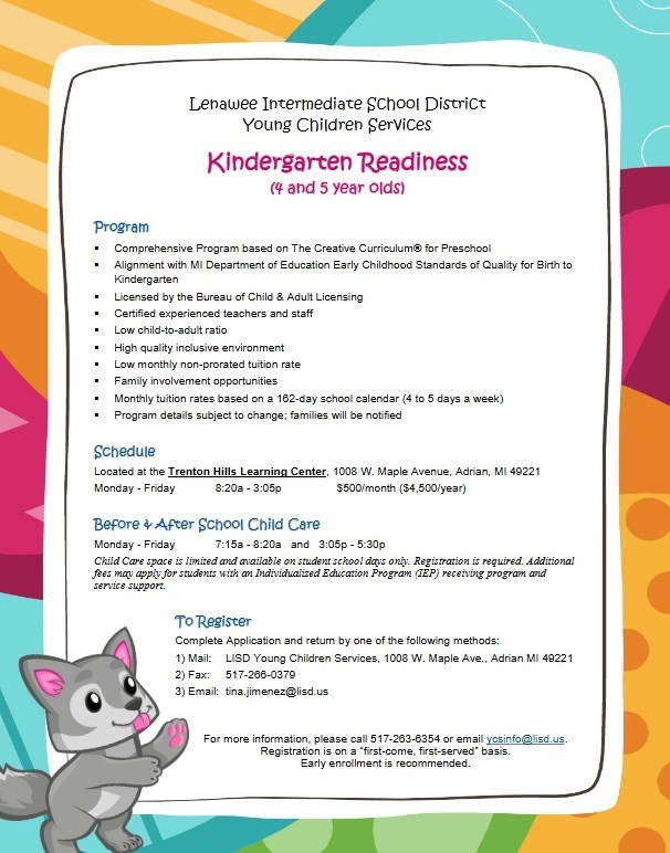 colorful border with a gray fox and text