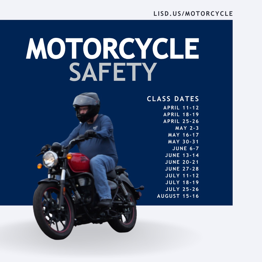An ad for our Motorcycle Safety Course with a motorcyclist on it and the dates of the classes for the 2026 year