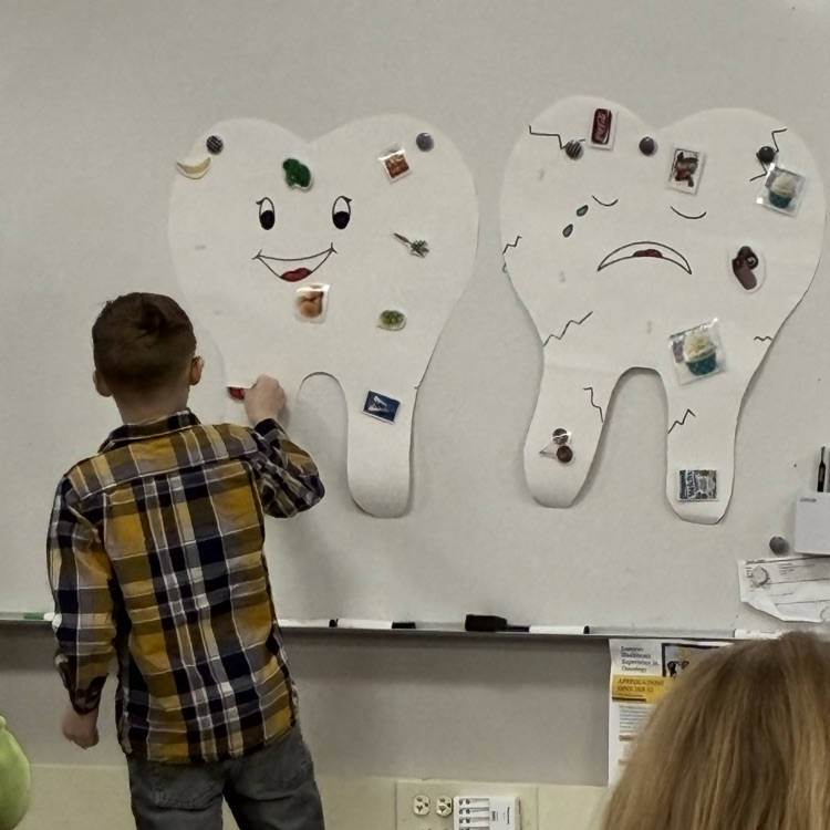 A student learning about dental hygiene with a large paper tooth on a board 