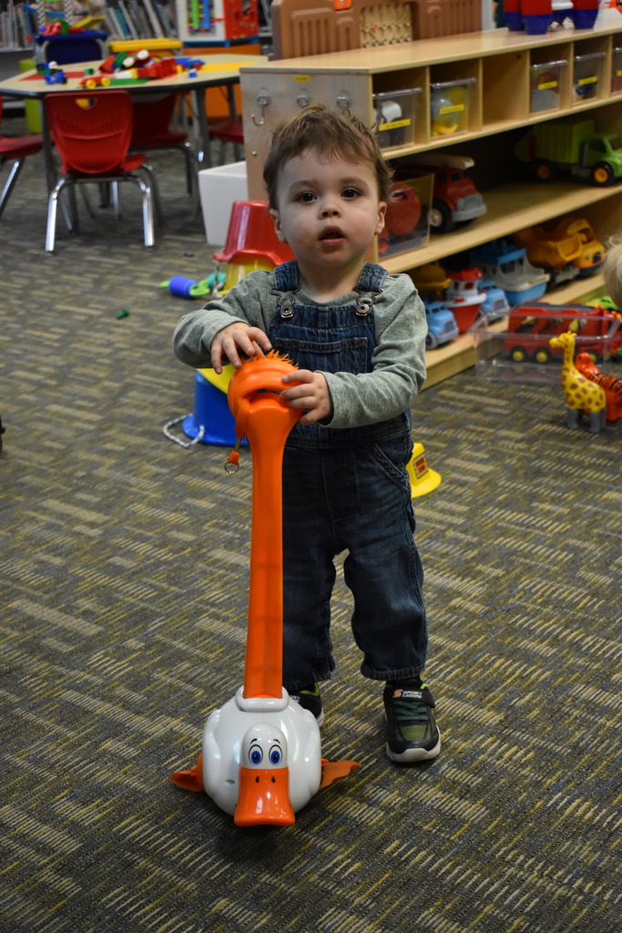 A little boy playing with a walking duck