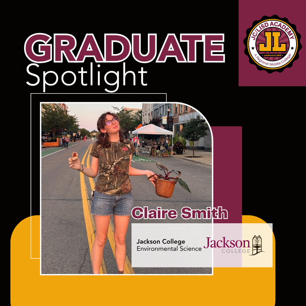 Graduate Spotlight for Claire with a photo of her featured on it