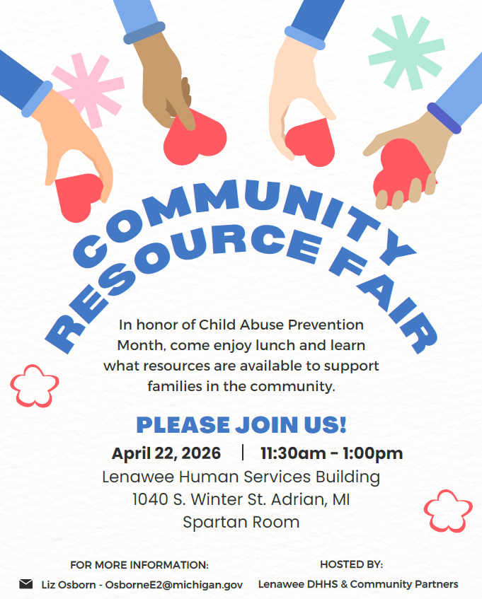 Community Resource Fair flyer that talks about the lunch on April 22 from 11:30-1:00 at the Lenawee Human Services Building.