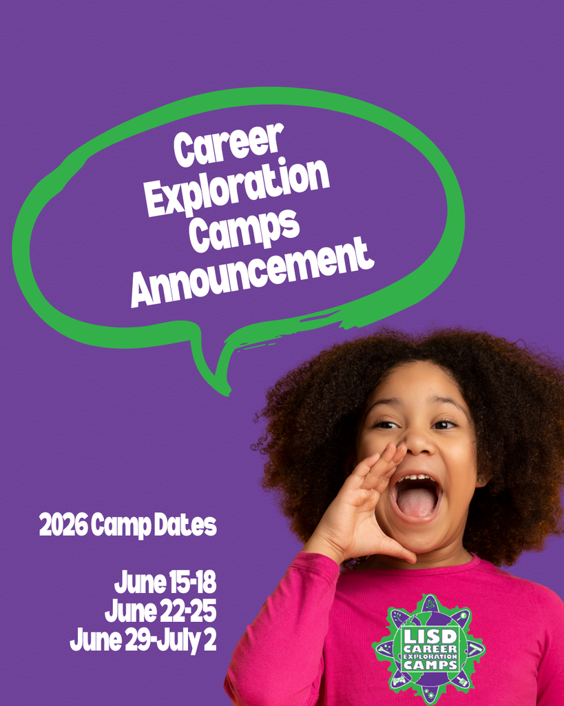 Graphic with a child shouting that there is a Career Exploration Camp Announcement