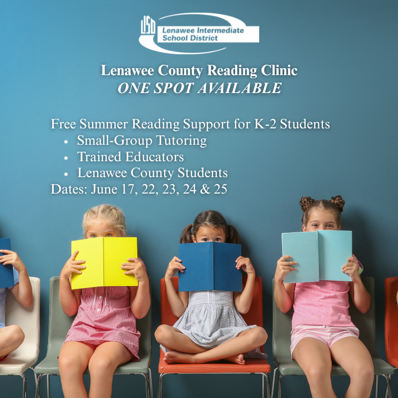 Reading Clinic graphic with details about one spot being open for this summer's session. The graphic features a photo with little kids reading