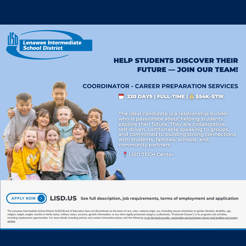 Graphic with details about the Career Prep Coordinator Position that is open