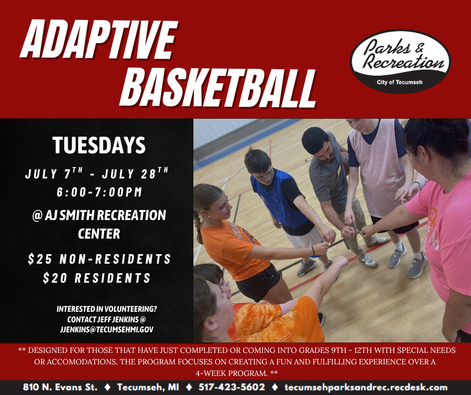 A graphic for Adaptive Basketball at Tecumseh Parks and Rec