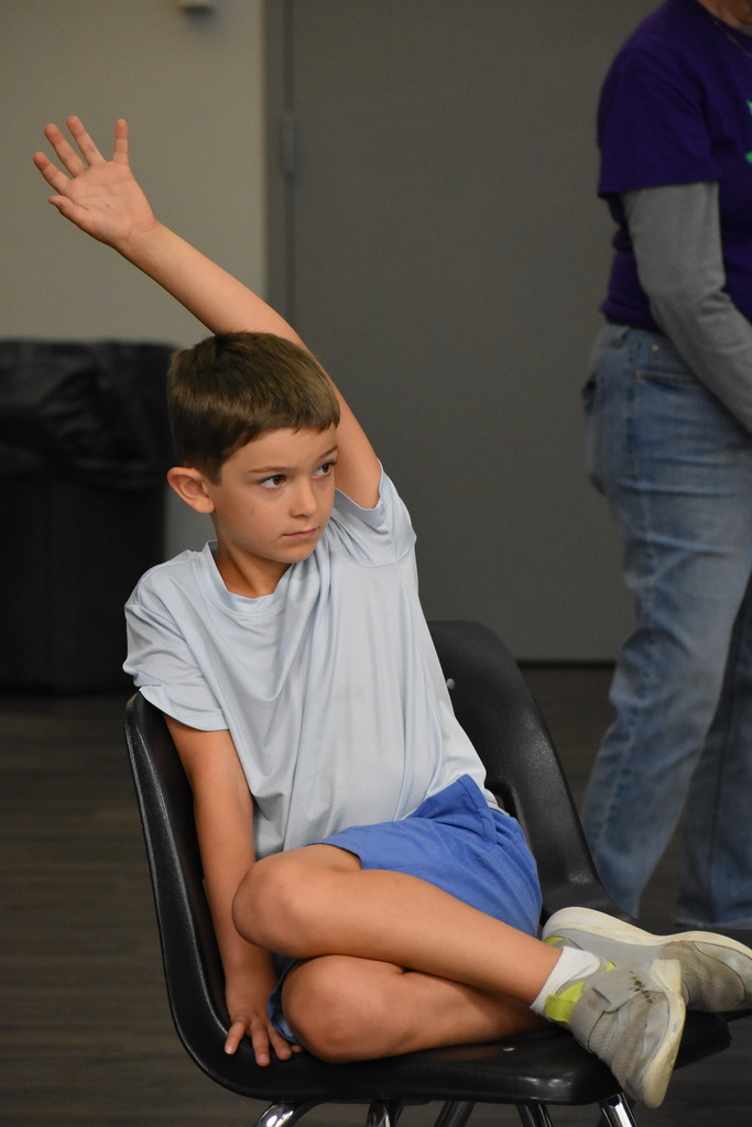 A boy raising his hand while sitting